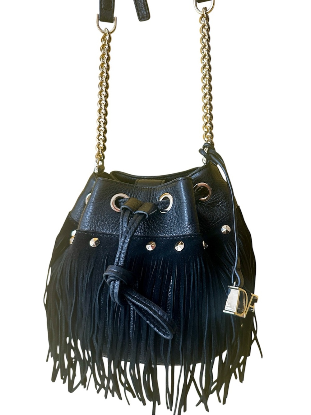 Diane Von Furstenberg Disco Fringe Drawstring Bucket Bag with Gold Chain - Black